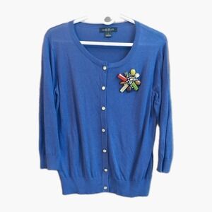 August Silk Womens S Jeweled Royal Blue Button Up Cardigan Long Sleeve Beaded EC